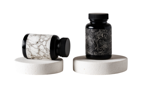 Two black bottles with marble and abstract designs, on white pedestals