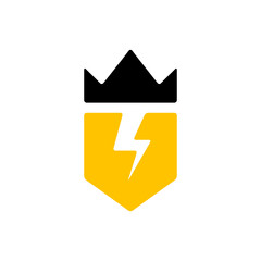 Royal power logo with crown shield and lightning bolt icon.