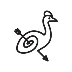 Monochrome line art icon of a bird with a spiral target body pierced by an arrow.