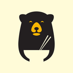Happy black bear mascot logo holding a noodle bowl with chopsticks.
