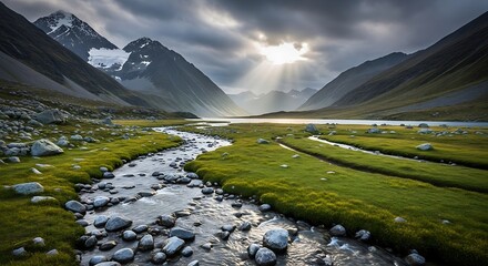 Stunning mountain valley landscape with flowing stream and sunlight, perfect for travel brochures or adventure campaigns inspiring wanderlust and tranquility
