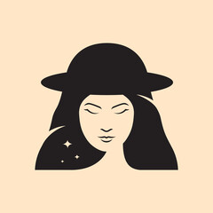 Surreal minimalist illustration of a woman with a UFO hat and cosmic hair.