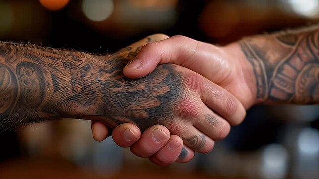 Close up of handshake with tattooed arms representing agreement