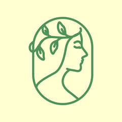 Elegant line art logo of a womans profile with a leafy branch in her hair.