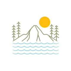 Minimalist line art of a mountain landscape with sun and lake.