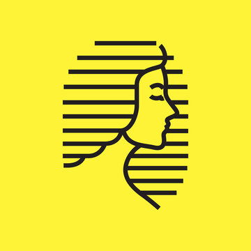 Minimalist line art of a womans profile with horizontal stripes.