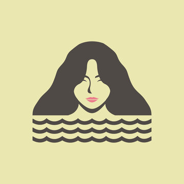 Minimalist flat design illustration of a serene woman in the water.