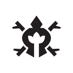 Minimalist black turtle icon with a leaf symbol inside a circular shell on a white background.