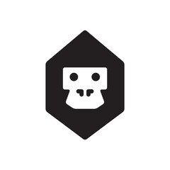 Stylized white skull icon within a black hexagon shape.