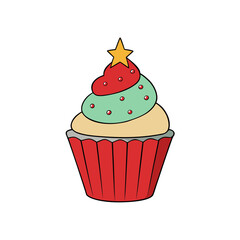 Festive cupcake with red frosting green frosting and a star on top isolated on white background