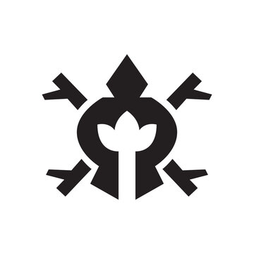 Minimalist black turtle icon with a leaf symbol inside a circular shell on a white background.