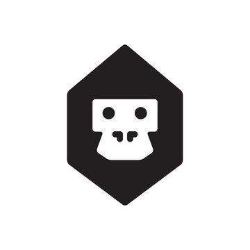 Stylized white skull icon within a black hexagon shape.
