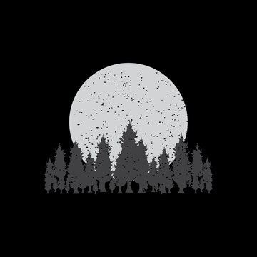 Silhouette of a pine forest against a large textured full moon.