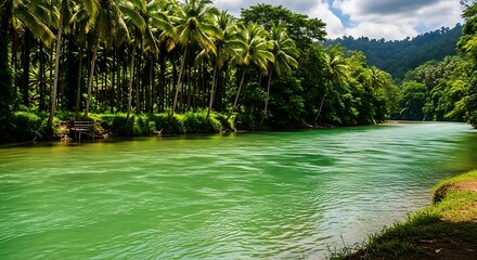 Discover serene jungle river landscapes with lush palm trees and vibrant turquoise water, perfect for wanderlust travel and peaceful tropical escapes