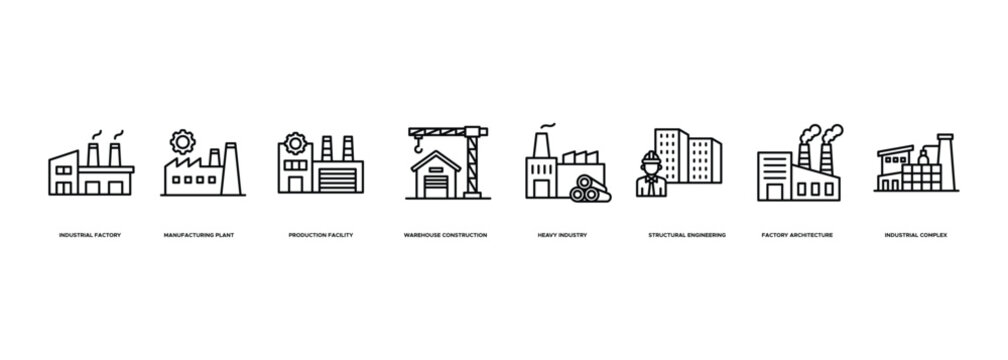 Banner Industrial Building Structure icon. Industrial Factory, Manufacturing Plant, Production Facility, Warehouse Construction, Heavy Industry, Structural Engineering, Factory Architecture