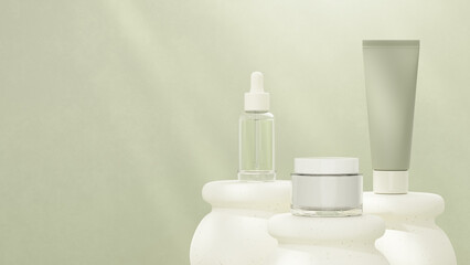 Elegant 3D skincare scene featuring serum bottle, cream jar, and cosmetic tube on white podium under soft daylight. Perfect for cosmetic branding, packaging presentation, social media design