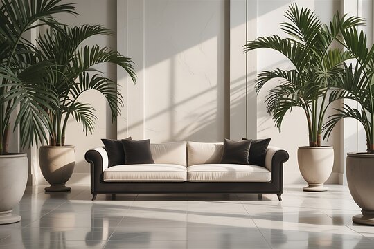 Elegant living room with a cream and dark sofa, surrounded by large potted palm trees in ornate planters Keywords: living room, interior, sofa, couch, cream sofa, dark sofa, palm trees, indoor