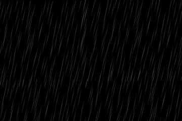 Heavy rainfall in diagonal motion falling down on dark black background, abstract monsoon rain overlay effect for video or photography