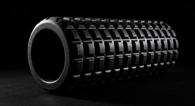 Close up of a textured black cylindrical foam roller used for myofascial release, physical therapy, and muscle recovery after intense athletic training ,balance ,flexibility ,lifestyle