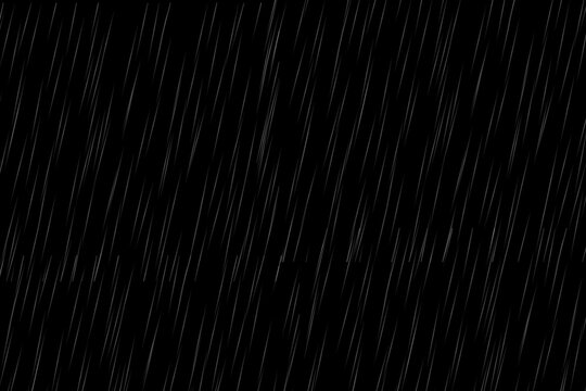 Heavy rainfall in diagonal motion falling down on dark black background, abstract monsoon rain overlay effect for video or photography