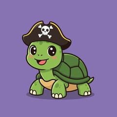 Cute cartoon turtle mascot wearing a black pirate hat with a skull and crossbones emblem.