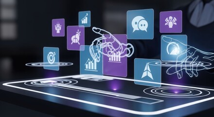 Digital interface with floating icons and hand outline interacting with it