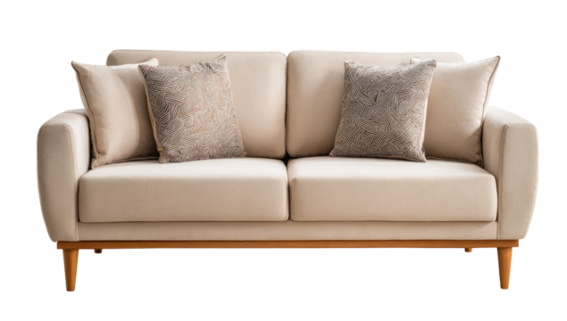 Cream-colored sofa with patterned cushions