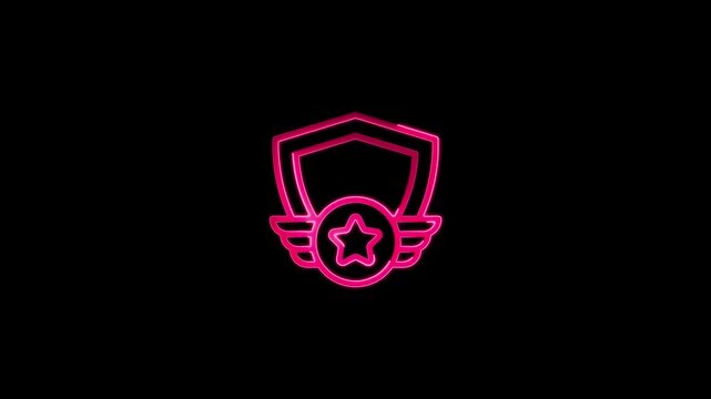 Neon pink shield badge icon with wings and star on black background Keywords: badge, shield, star, wings, emblem, award, achievement, success, recognition, honor, victory, champion, leader, best