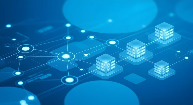 Abstract blue network structure with interconnected nodes and server icons, representing digital data flow and connectivity