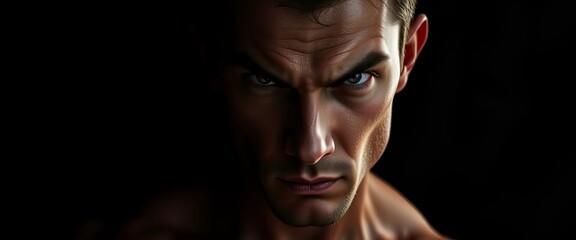 Dark backdrop, intense gaze, chiseled features, strong pose, shadow, lighting