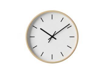 Minimalist white wall clock with a light wood frame, , showing the time