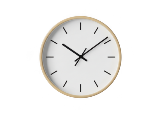 Minimalist white wall clock with a light wood frame, , showing the time