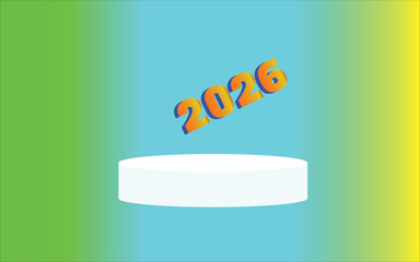 A 3d rendering of a white podium with the year 2026 floating above it
