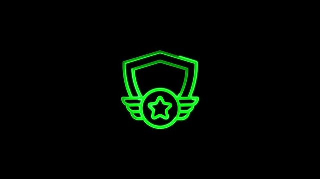 Glowing Neon Green Shield Emblem with Wings and Star Icon on Black Background image photo