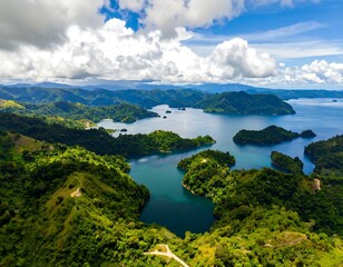 Aerial view of islands in a stunning, turquoise lake surrounded by hills