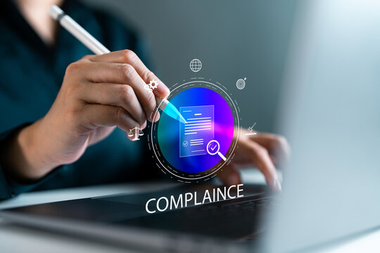 Businessperson using stylus focus compliance and policy adherence. concept of legal regulation, risk management, document verification, data control and corporate governance in digital business.