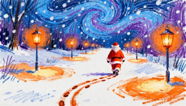 Santa claus walking on a snowy path lined with lanterns under a starry night sky