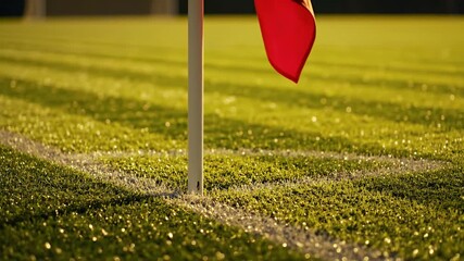 Close-up of a Football Field Corner with Red Flag on a Sunny Day