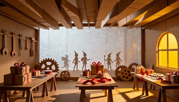 Christmas workshop with elves preparing gifts and shadow puppets on the wall