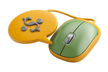 Green computer mouse with dollar sign in speech bubble, for online income.