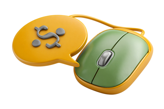 Green computer mouse with dollar sign in speech bubble, for online income.