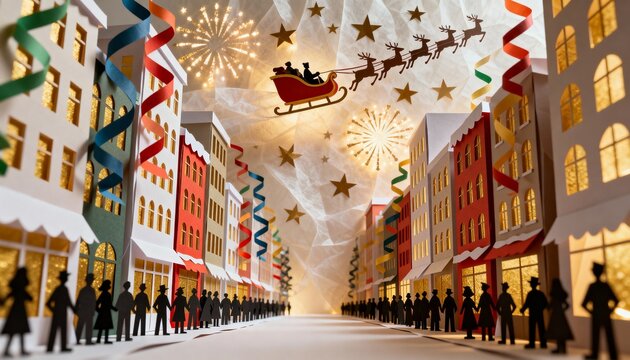 Christmas eve paper craft scene with santas sleigh flying over a snowy town street - Powered by Adobe