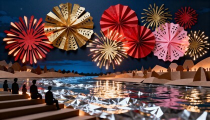Colorful fireworks illuminate the night sky over a tranquil river with silhouetted spectators watching the display