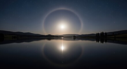 Moon halo over a calm lake with reflections and a starry night sky