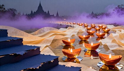 Distant temple silhouette with a path of glowing oil lamps floating on water at dusk