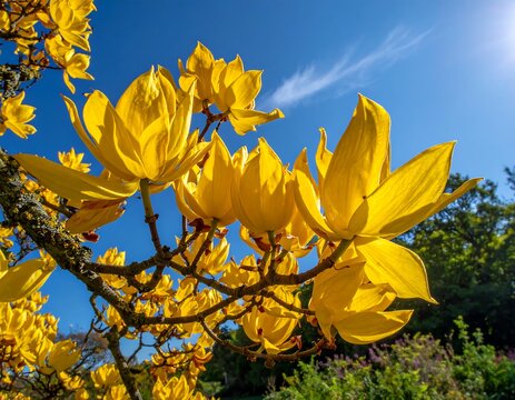 Sunny shot of vibrant yellow flowers against a bright blue sky - Powered by Adobe