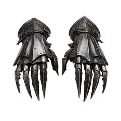 Knightly Gauntlets: A detailed view of a pair of ancient, menacing steel gauntlets, ready for battle, with sharp metal claws, telling tales of valor and warfare. 