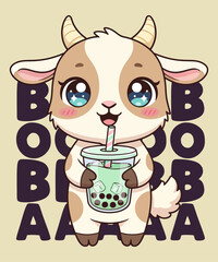 Fototapeta premium Cute Baby Goat Drinking Boba Tea T-Shirt Design – Adorable Bubble Tea Animal Illustration, Funny Kawaii Cartoon Farm Animal Graphic for Animal Lovers, Cute Artwork, Sublimation Print