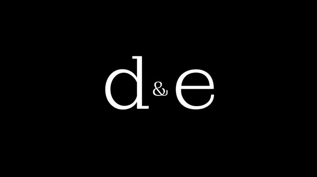 Minimalist white lowercase letters 'd' and 'e' with an ampersand '&' symbol centered on a stark black background, typography concept