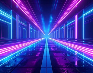 A symmetrical corridor with neon lights glows with purple and blue hues, creating a futuristic and virtual scene. Reflections add depth